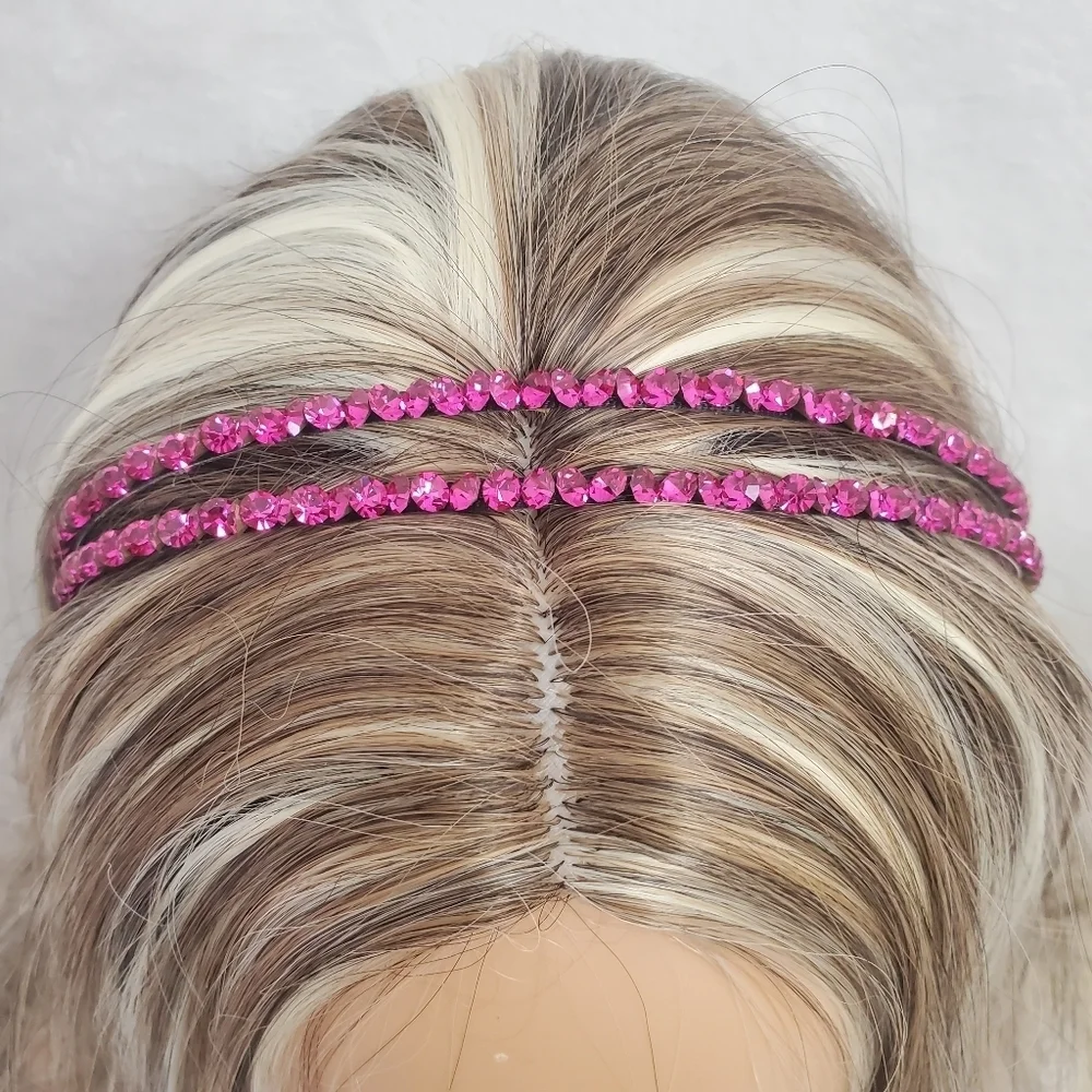 Double Hot Pink Crystal Black Metal Base Hairband